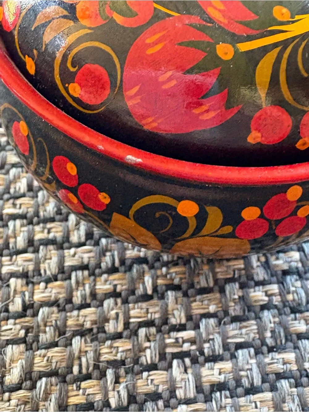 Vintage Traditional Russian Khokhloma Hand Painted Wooden Sugar Bowl Trinket Box
